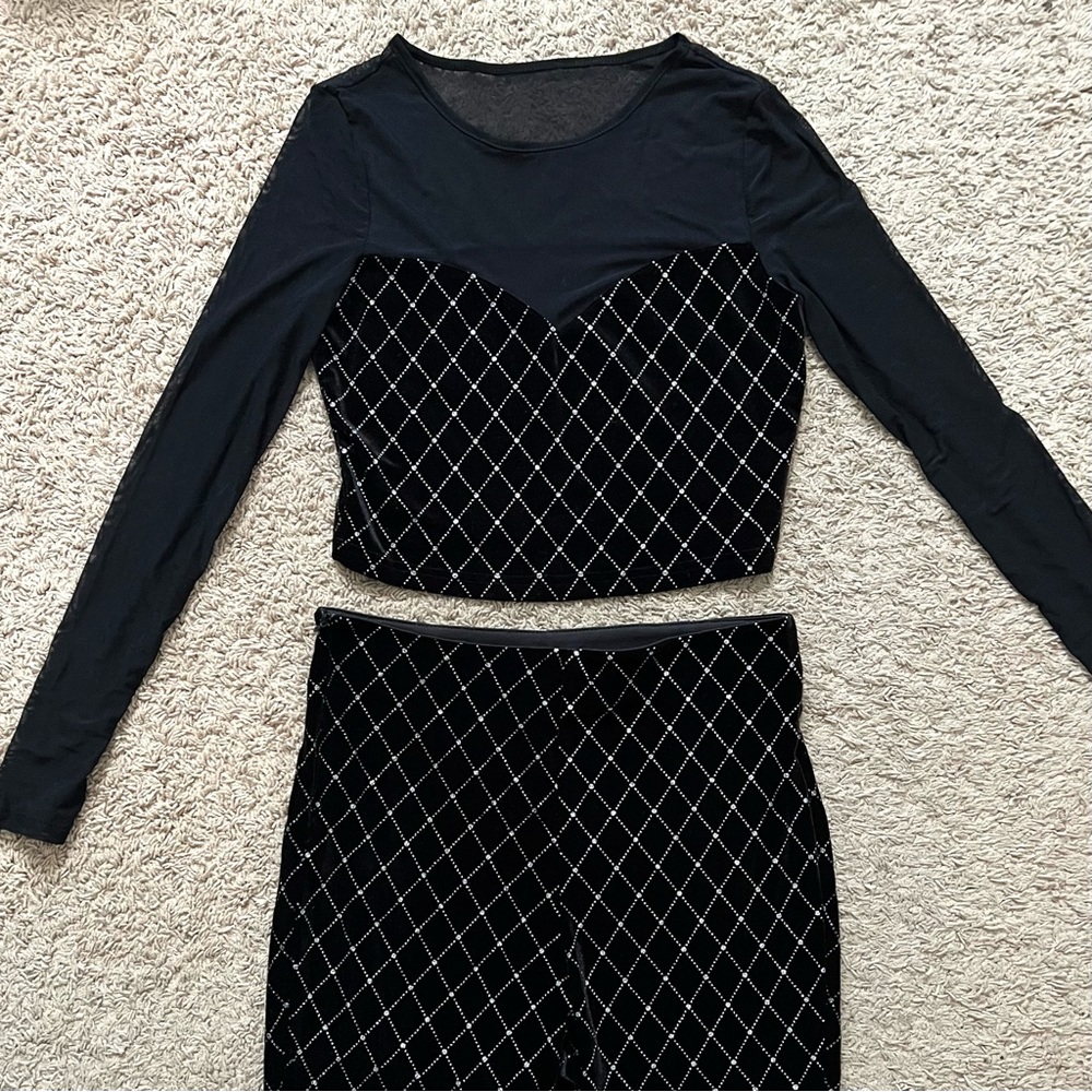 SHEIN Velvet Glitter Mesh Crop Top & Flare Pants Set